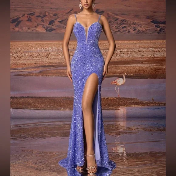 Luxe purple slit thigh sequins party dress - Picture 2 of 8